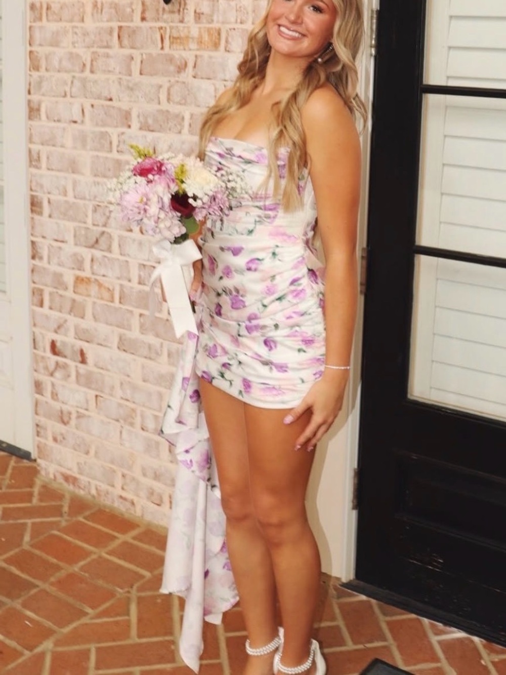 Bardot Lilac Floral Strapless Ruched Corset Mini Dress with Draped Side Scarf - Picture 3 of 3
